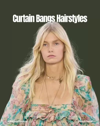Curtain bangs frame the face, offering a bohemian look; ideal for textured hair, requiring minimal maintenance and styling.